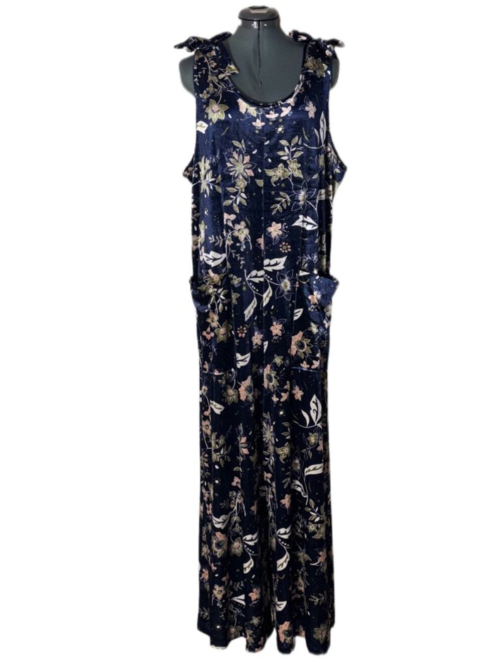 Earthbound Floral Velvet Navy Wide-Leg Jumpsuit Mock Tie Shoulders Woman's XL